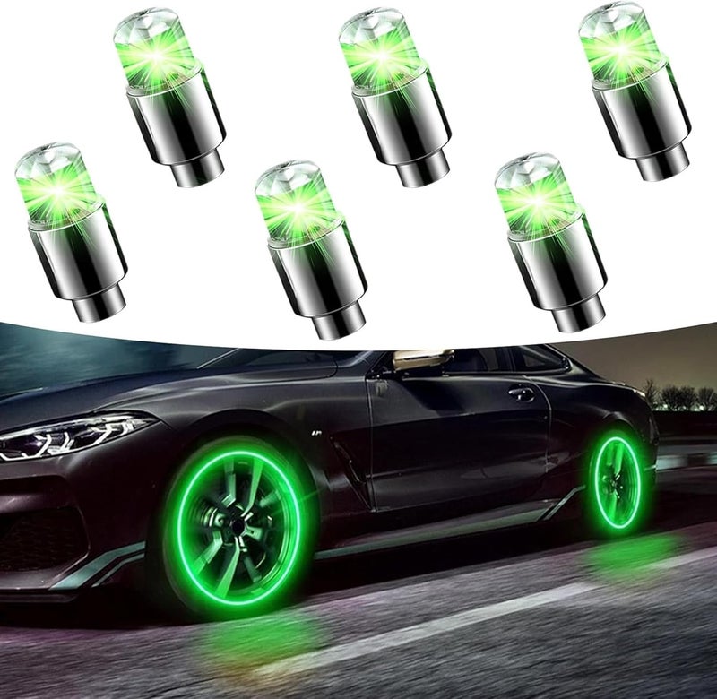 Fluher 6 PCS Car Tire Valve Light, Cool Modified Night Light Safety Shock Sensor Flash Light, Waterproof Tire Valve Stem LED Light Cap, Universal Wheel Decoration Accessory for Car Motorcycle (Green) - Image 1